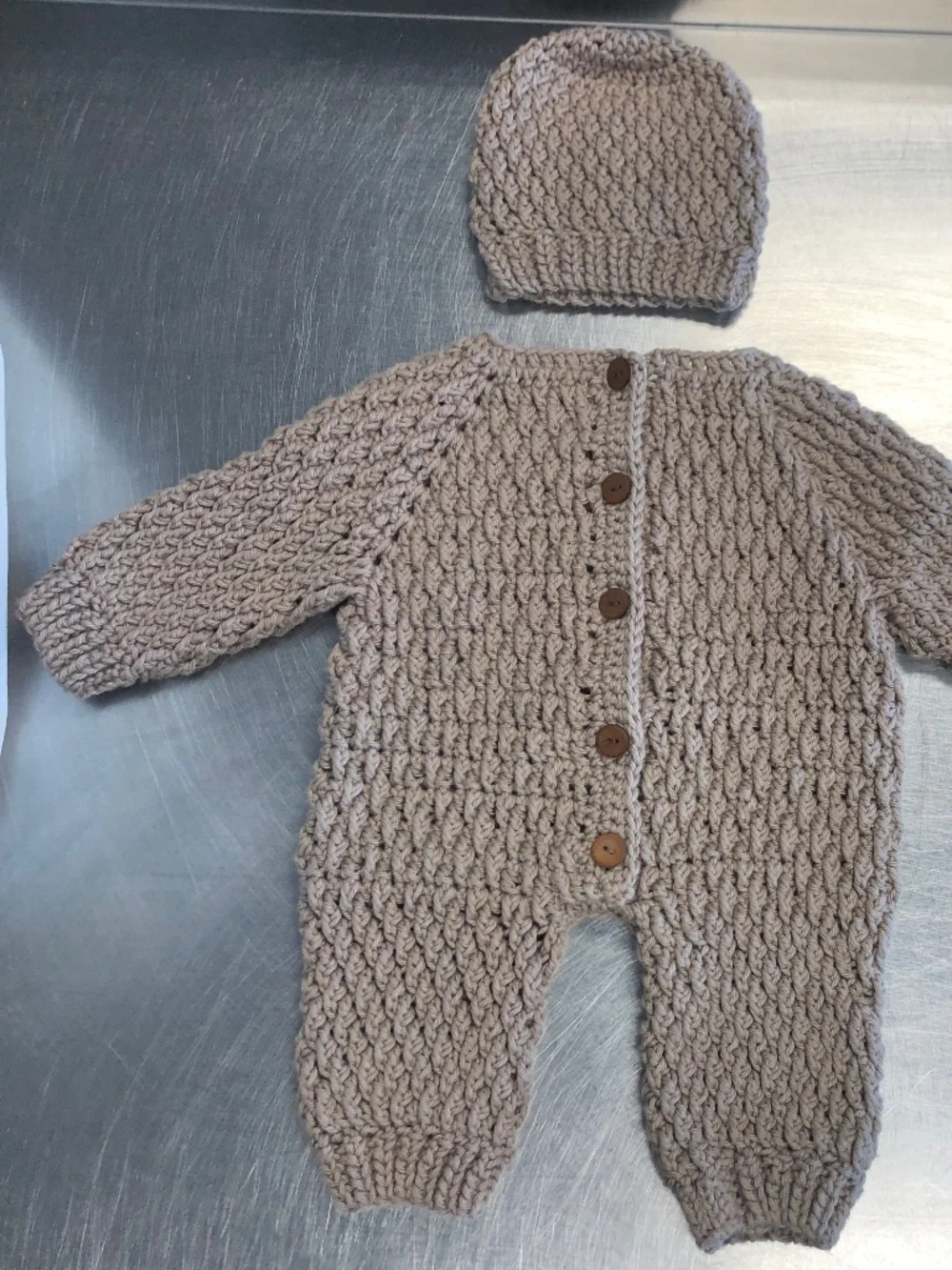 Handmade Baby Crochet Romper Gift Set with Beanie & Crochet Wooden Ring 6-9 Mos.